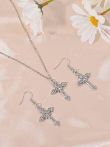 1 Peça Colar Pingente de Cruz + 1 Par de Brincos de Cruz Oca, Conjunto de Joias Femininas com Diamantes, Estilo Gótico Escuro Punk