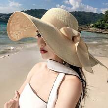 1 pièce Chapeau de soleil de plage élégant à nœud papillon blanc et ondulé pour femme, protection contre le soleil pour les vacances