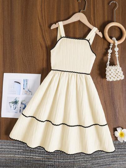 Tween Girls Sleeveless Pinafore Dress, Apricot Color Block With Black Lace Trim, Casual Sweet Spaghetti Strap A-Line Dress For Summer Vacation
