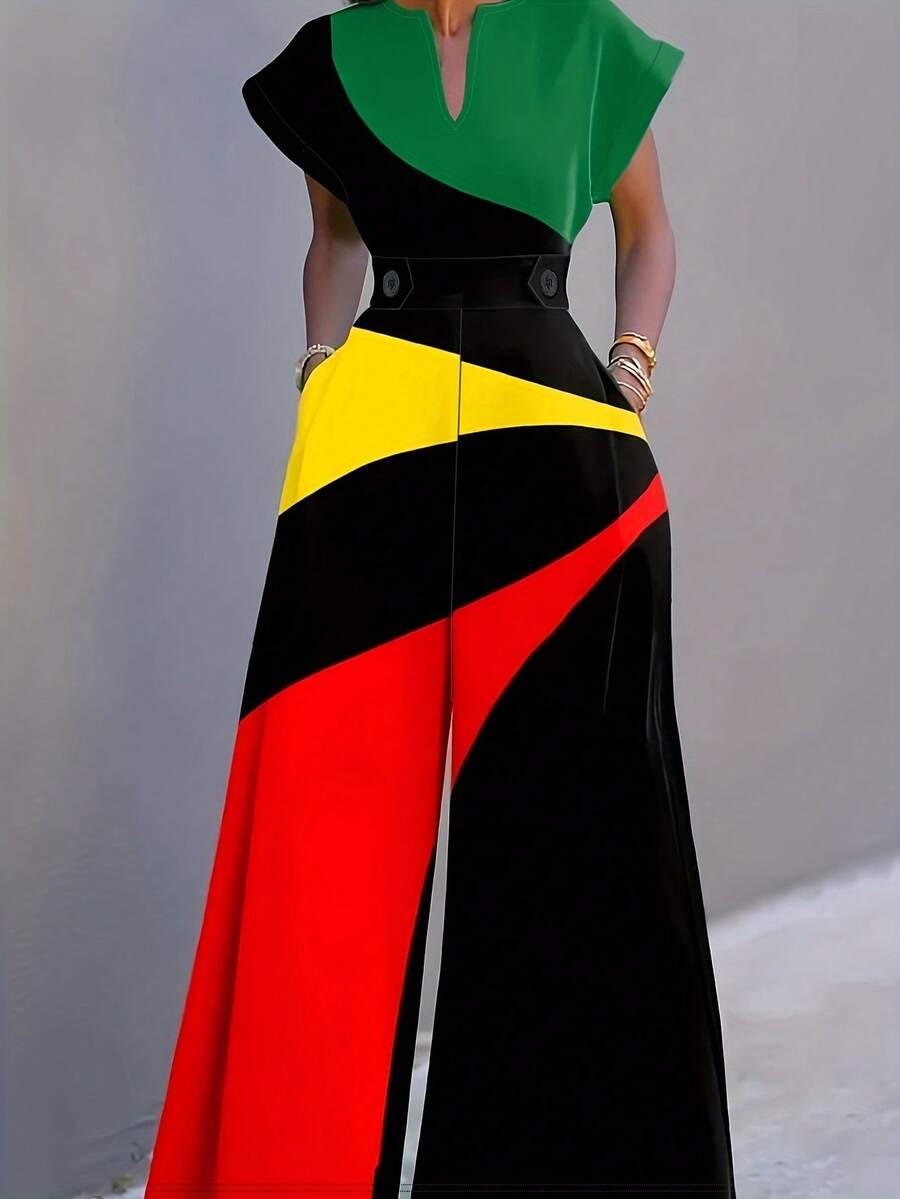 Mono informal de pierna ancha con escote en V, estampado de bloqueo de color y mangas cortas para vacaciones - Color - Ver 1