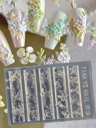 1 件 3D 蕾丝美甲模具设计透明硅胶美甲模具工具可重复使用 Y2k 美甲装饰 DIY 模板工艺模具，带复杂蕾丝设计