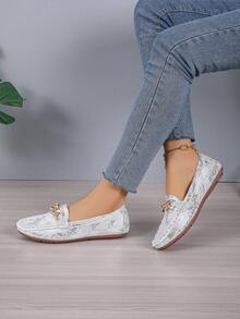 Women's Spring & Autumn New Snake Skin Rhinestone Gold Chain Flat Loafers, Fashionable Casual Versatile - Silver - View 3