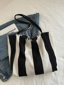 Chic Retro Striped Canvas Tote Bag, Large Capacity Spacious & Versatile, Ideal For Work, School Or Outing, School Bag, Beach Bag (Random Color Placement Of Vertical Stripes)