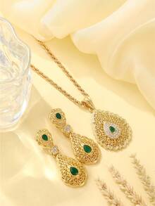 2pcs/Set Moroccan Style Necklace & Earrings Set, Colorful Rhinestone Inlaid, Bridal Wedding Jewelry, Women's Eid Festival Outfit, Holiday Gift - Multicolor - View 1