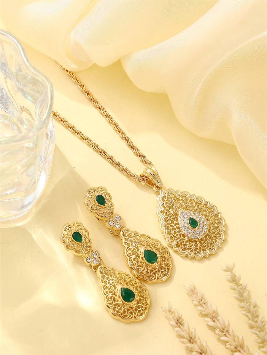 Bộ 2 món gồm dây chuyền và bông tai kiểu Ma-rốc, đính đá pha lê nhiều màu sắc, trang sức cưới, trang phục lễ hội Eid cho nữ, quà tặng ngày lễ. - Nhiều màu - Xem 1