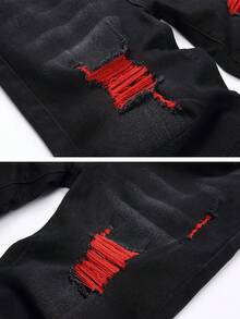 Men's Slim Fit Skinny Denim Shorts, Ripped Skinny Denim Shorts, Stylish Straight Comfortable Stretch Waist Shorts - 黑色 - 查看 4