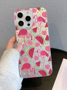 1 pieza Funda de teléfono transparente a prueba de golpes con diseño de sandía y flamenco, material IMD, apta como regalo de vacaciones para iPhone 15, 16 Pro/Pro Max, 14, 15, 16 Plus, resistente a huellas dactilares y arañazos