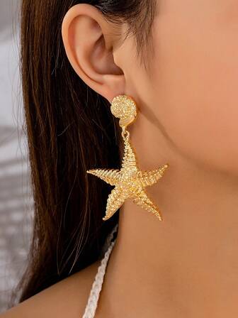 1 pereche cercei metalici la modă cu stea de mare, design elegant și de înaltă calitate, potriviți pentru purtarea zilnică de către femei