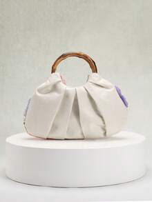 1 件 Sculptedstyle 多色花卉图案装饰亚麻面料时尚网眼刺绣褶皱手提包，复古竹制手柄，适合优雅长裙、波西米亚风格连衣裙（随机花卉图案） - 米色 - 查看 5