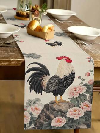 1pc Rooster Pattern Decorative Table Runner, Farmhouse Style, Choose From 1 Table Runner, 4 Placemats, 1 Pillow Cover, All-Season Home Decor Indoor/Outdoor, Party Supplies, Thanksgiving Decor