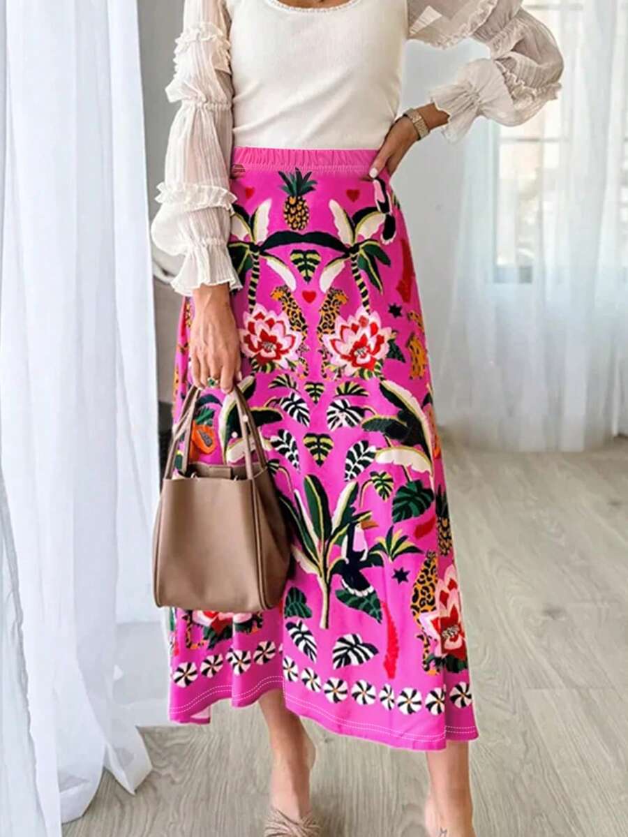 Spring And Summer Popular New Hot Style Fashion Leisure Vacation Style Light And Elegant Ladies All-Match Slim Fit Out Home Travel Work Preferred Summer New Fashionable Vacation Style Flower Printed Women's Half Length Skirt - 玫紅色 - 查看 1