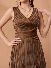 (No Fixed Pattern) V-Neck Print Mesh Drawstring High-Low Hem Formal Evening Dress - Coffee Brown - View 7