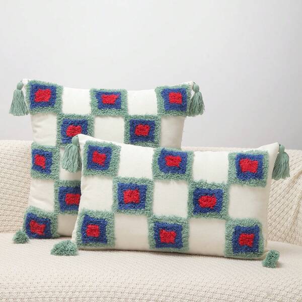 1 Stück Boho Geometrischer Plüsch Kissenbezug, mit Fransen Design, einfache Heimdekoration Kissenhülle
