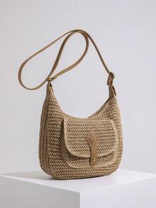 Túi xách đeo vai rơm thời trang cổ điển dung tích lớn cho kỳ nghỉ bãi biển - Màu Khaki - Xem 3