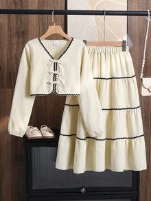 Left Mama Elegant Bowknot Decor Long Sleeve Top & Skirt Set, Casual Spring & Autumn Outfit For Tween Girls - Beige - View 1