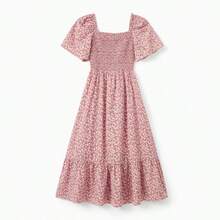 PatPat Family Matching Blue Cotton Colorblock Tee Shirt Or Flora Print Smocking Puff-Sleeve Dress Set - 粉色 - 查看 4