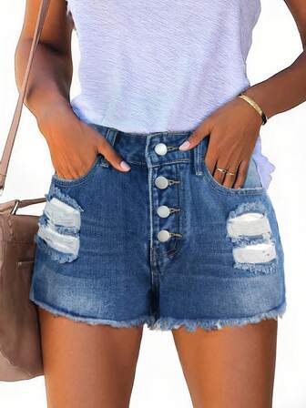 Pantaloni scurți de vară din denim distressed pentru femei, cu talie medie, rupti, cu tiv brut, casual, cu detalii zdrențuite