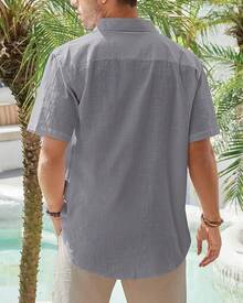 Men's Cotton Linen Short Sleeve Shirts Casual Lightweight Button Down Shirts Vacation Beach Summer Tops With Pocket - Màu xám đen - Xem 2