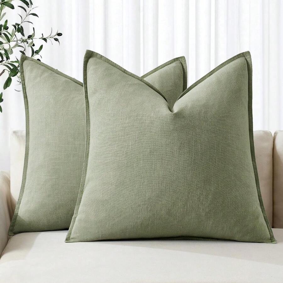 Local Delivery- Decorative Linen Pillow Covers 18x18 Inch Natural Beige Boho Farmhouse Neutral Couch Throw Pillows For Bed Pack Of 2 Accent Outdoor Pillowcase Modern Sofa Cushion Livingroom Home Decor - Sage Green - 查看 1