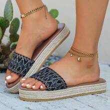 Plus Size Thick Sole Wedge Slippers For Women, Cross-Border Mid Heel Linen Straw Woven Flat Sandals, Bohemian Ribbons, Women Casual Beach Vacation Holiday Wedding Party Outdoor Sandals, Summer