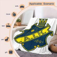1 件全棉印花法兰绒毯子 - 防过敏涤纶，可机洗，四季皆宜，适用于床、沙发和旅行 - 海军蓝和黄色盾牌徽章设计，是情人节、复活节、婚礼和节日的完美礼物，现代瑞典设计 | 耐用舒适的面料