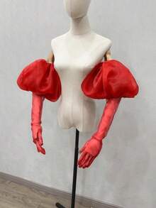 1 件白色欧根纱泡泡袖新娘袖 + 手套，带弹性袖口秋季配饰