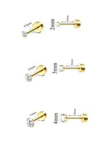 3 Cặp bông tai đinh tán tròn bằng thép không gỉ Zirconia trong suốt cho phụ nữ, Bộ bông tai Daith sụn nhỏ thời trang cho bé gái Quà tặng trang sức - Vàng-3# - Xem 2