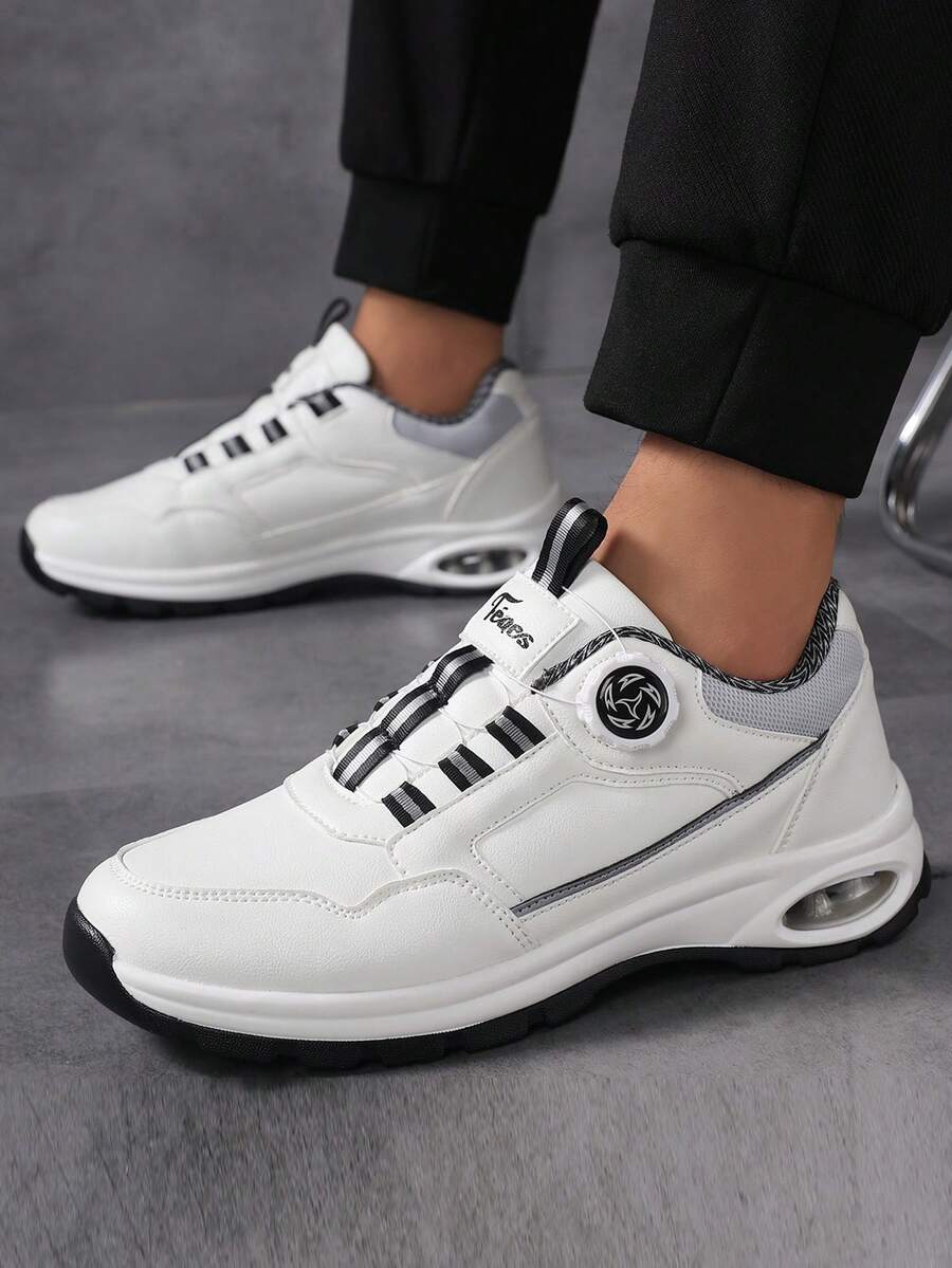 Men's 2025 New Low-Top Round Toe Rotary Button Design PU Leather Waterproof Anti-Oil Casual Leather Shoes, Fashion Versatile Daily Commute Soft Comfortable Men's Sneakers With Air Cushion Shock Absorption For Workout, Running, Walking