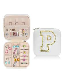 1pc Portable Travel Jewelry Box, Custom Lettered (A-Z) Organizer, Multi-Layer Jewelry Case With Mirror And Makeup Brush Holder, Suitable For Rings, Necklaces For Women Storage Organizer Travel Essentials Back To School Dormitory Storage