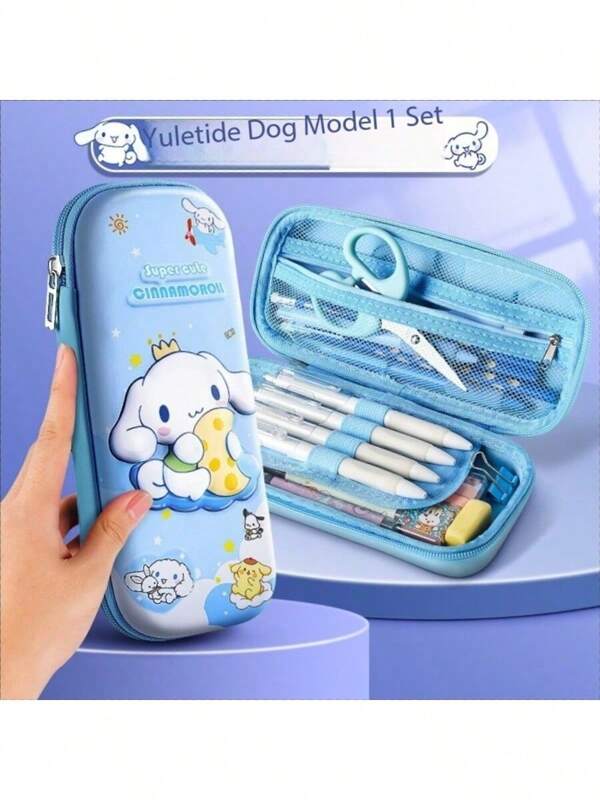 Sanrio 1 pieza Estuche para lápices del perro Cinnamoroll de Sanrio, bolsa de papelería con dibujos animados para niños y estudiantes, caja de papelería de gran capacidad con pegatina gratis (pegatina aleatoria), para útiles escolares, de vuelta a la escuela