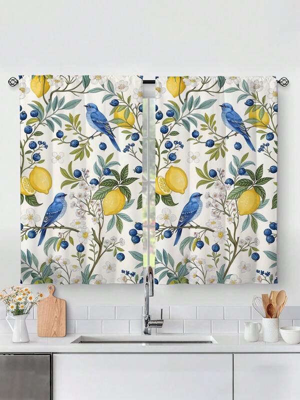 2pcs Beautiful Hummingbird And Lemon Print Curtains, Refer To Bedroom Office Kitchen Living Room Study Home Decor