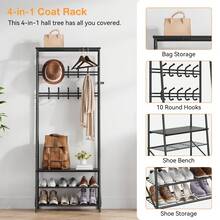 Techigher Coat Rack,Hall Tree With Shoe Bench,4-In-1 Entryway Bench With Coat Rack Freestanding,Steel Frame With Hooks For Living Room Bedroom Entryway - 25.2"W 2 Row Hooks Black - View 4