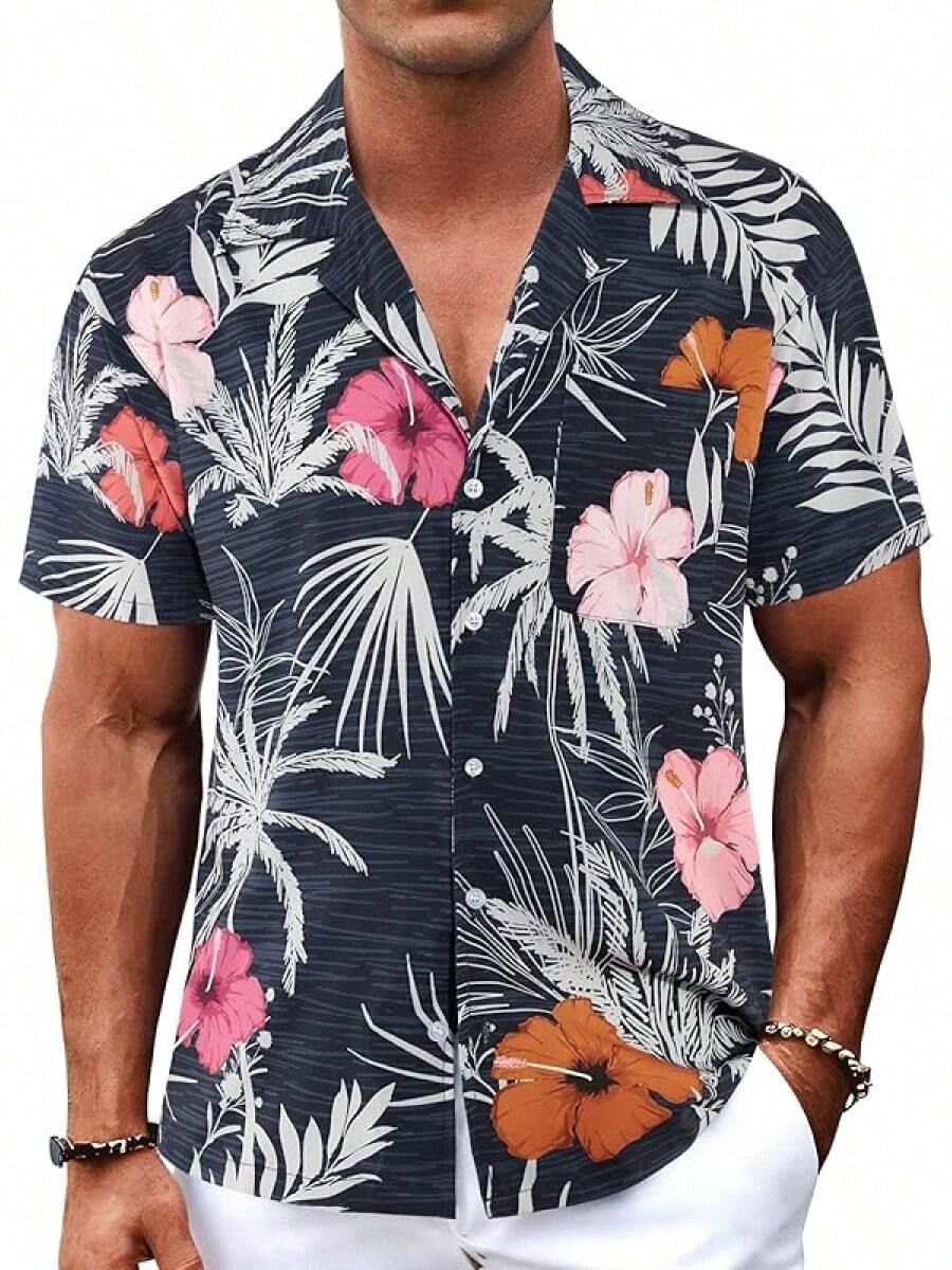 Men's Hawaiian Shirts Short Sleeve Button Down Casual Shirts Summer Printed Tropical Floral Aloha Beach Shirts - Bj056 Xanh navy & hoa - Xem 1