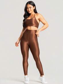 Women's Ribbed Gym Fitness Set, Top And Shiny Sports Leggings - Rust Brown - View 4