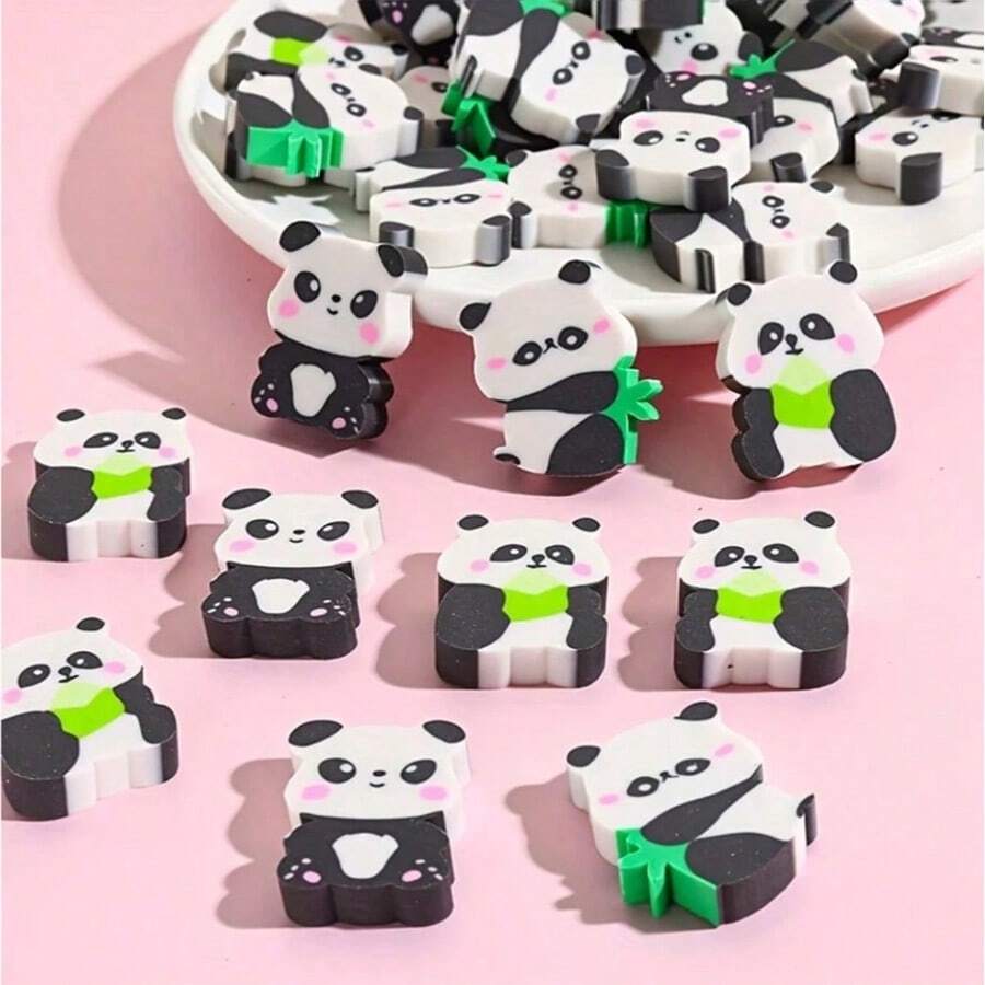 30 件可爱熊猫形状橡皮擦 - 柔软毛绒橡胶铅笔橡皮擦，竹叶，黑白设计，适用于课堂奖励、派对礼物、学校用品、熊猫礼物 - 彩色 - 查看 1