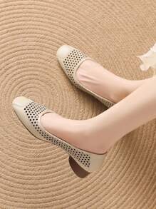 Women Summer Beige High Heel Pumps/Thick Heel Hollow Breathable Square Toe Slip-On Pumps/Fashionable Elegant Square Toe Loafers