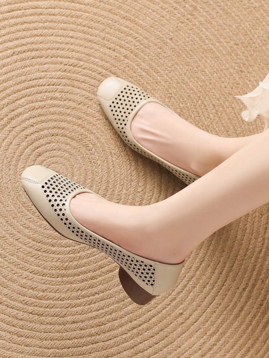 Women Summer Beige High Heel Pumps/Thick Heel Hollow Breathable Square Toe Slip-On Pumps/Fashionable Elegant Square Toe Loafers