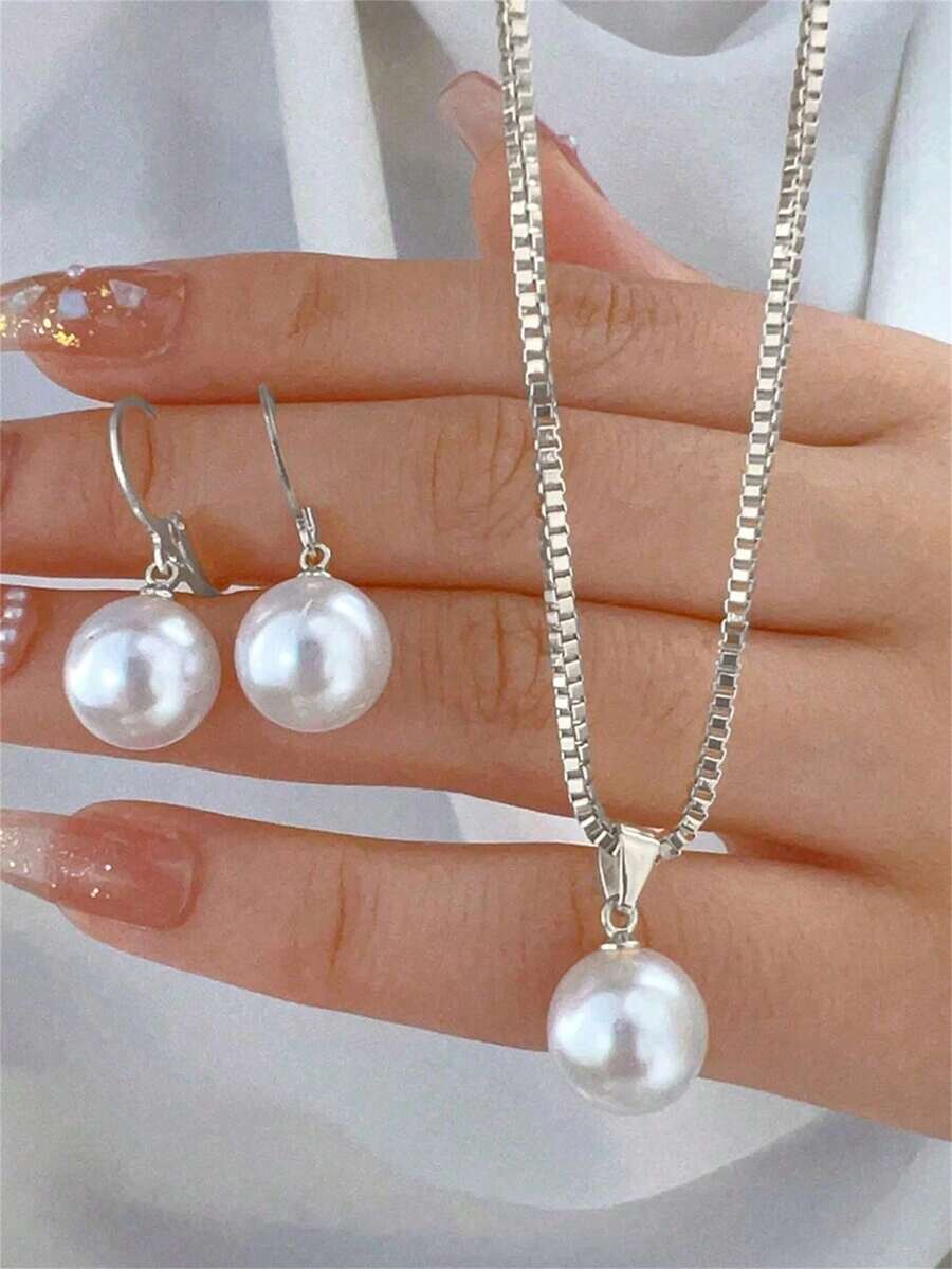3 Piece Minimalist Faux Pearl Stud Earrings, Necklace Jewelry Set, Suitable For Vacation, Date, Valentine's Day Gift, Everyday Wear, Party - Silver Pearl - View 1