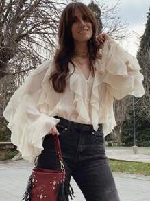 Femmes Chemise en mousseline de soie à manches longues Boutonné Volants T-shirt Dame Élégant Couleur unie Manches longues Blouse habillée Été Vacances Décontracté Ample Top Boho Vêtements Tenue Chemise mode ample