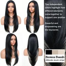 Black Blond Skunk Stripe Wear And Go Glueless Wigs Pre Plucked Pre Cut For Beginners Synthetic Lace Front Wigs With Bangs Long Straight Layered Wigs Highlights 26 Inch 3 Seconds To Wear - BlackBlonde - View 3