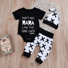 AiN't No Mama Like The One I Got Newborn Baby Boys Girls Pants Set Toddler Infant Short Sleeve Letter Print Romper Bodysuit + Cross Print Pants + Hat 3Pcs Outfit Set - Black - View 4