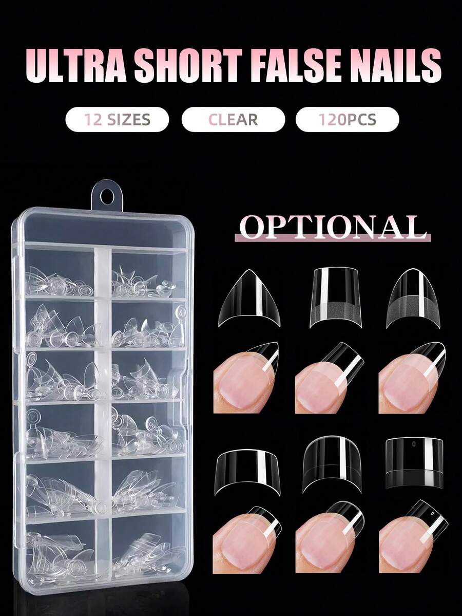 120 片半哑光半覆盖杏仁形假指甲，多角度展示亚克力指甲片，边缘较薄，贴合自然，前端较厚，经久耐用