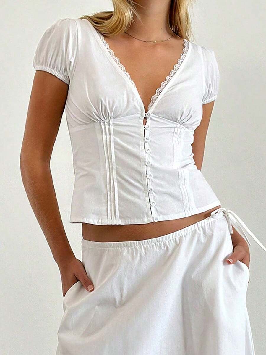 Women Y2k Lace Trim Button Down Shirt Top Fairycore Short Sleeve Lapel Collar Slim Fit T Shirts Crop Tops Summer Going Out Tops Blouses Vinatge Aesthetic Clothes Streetwear - 白色 - 查看 1