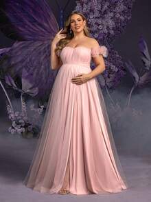 Faeriesty Dressalisa Elegant Plus Maternity Off Shoulder Stereo Flower Steap ,Split Thigh Hem Mesh Dress For Summer Spring Occasions (Wedding Guest, Formal Dinner, Garden Party, Maternity Photoshoot, Evening Event) - Dusty Pink - View 8