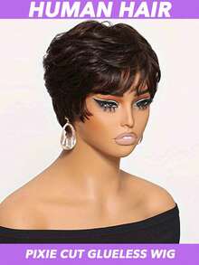 精灵短发假发 短发假发 精灵短发假发 女士真人发质 短层次精灵短发假发 全机织假发 巴西原生真人发质 女士无胶假发 棕色 深棕色