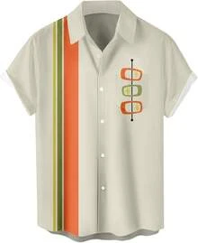 Men's Short Sleeve Button Up Hawaiian Shirt 1950s Vintage Bowling Shirts-20256688 - 保齡球米色方形 - 查看 1
