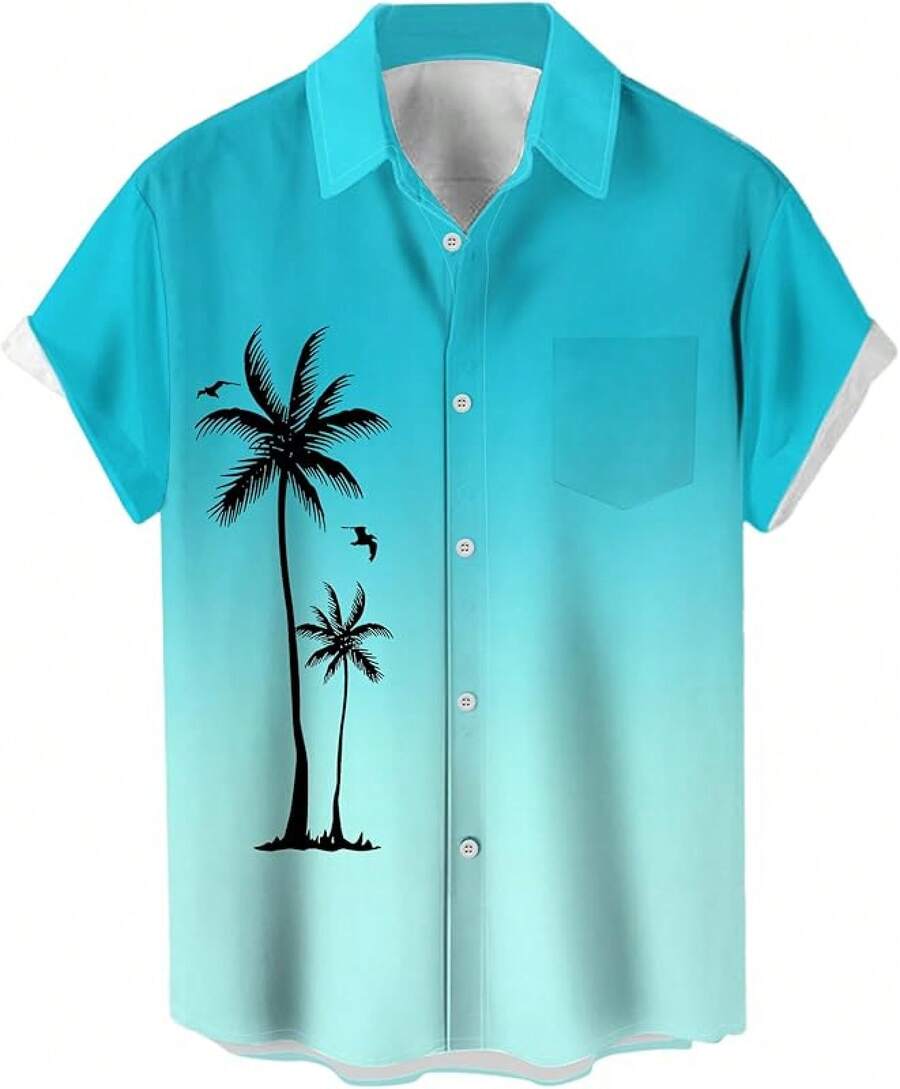 Men's Short Sleeve Button Up Hawaiian Shirt 1950s Vintage Bowling Shirts-20256688 - Gradient-turquoise - View 1