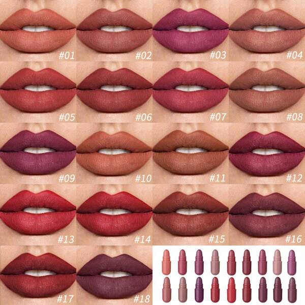 Set de 18 barras de labios mate, con lápices labiales de larga duración y muy pigmentados en cápsulas de tamaño para viaje