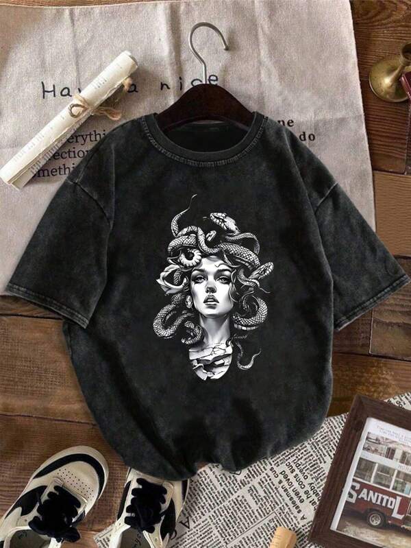 Tricou bărbătesc vintage spălat, grafică creativă Medusa, croială lejeră casual și confortabilă, ușor și respirabil, potrivit pentru activități în aer liber de vară și purtare zilnică