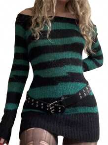 Women Bodycon Sweater Dresses Stripe Contrast Color Boat-Neck Off-Shoulder Long Sleeve Winter Knitted Mini Dress
